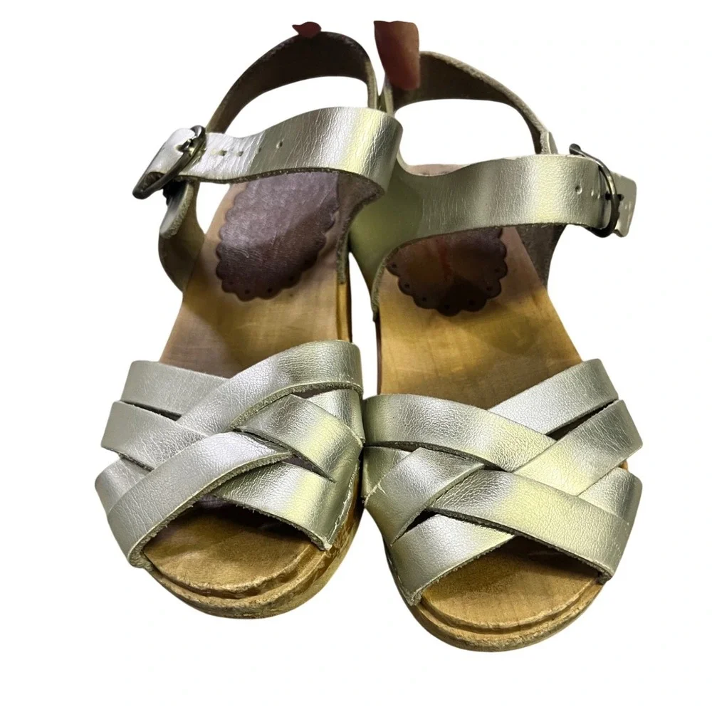 Kids Silver Leather Clog Sandals Wooden Sole Adjustable‎ Strap Size 28